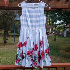 Grace Karin Flamingo Floral and Striped Sleeveless Fit & Flare Dress - M